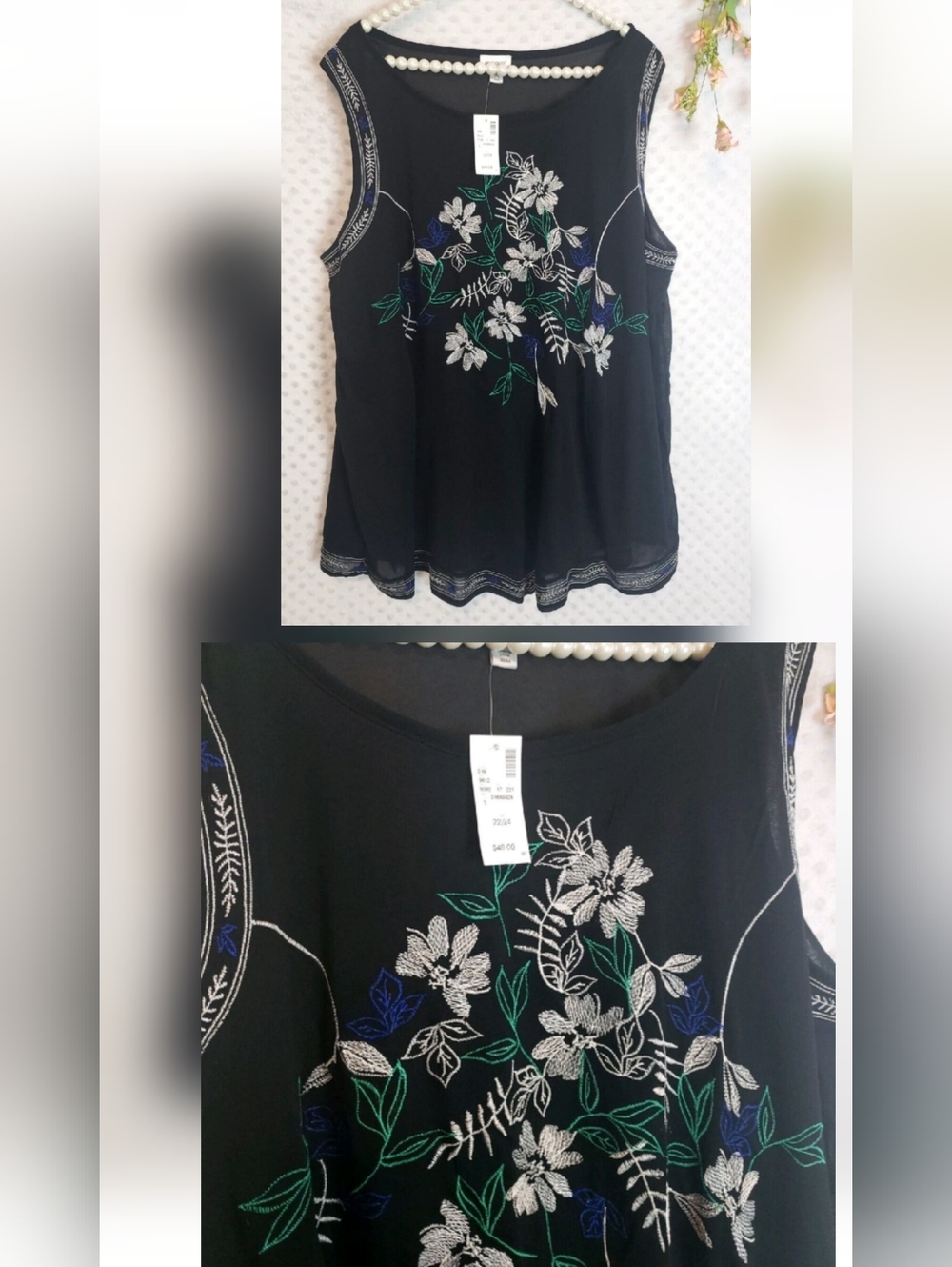 NWT Avenue Top Tank Blouse Embroidered Black 22 24 2X 3X Tunic Boho
